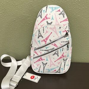 Blush Crush White Crossbody Sling with Pink & Aqua Eiffel Motifs